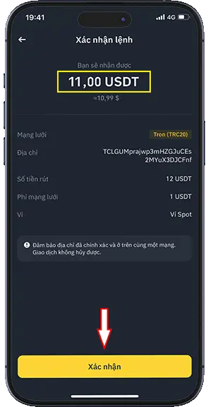 Bước 9: Kiểm tra lại số tiền USDT và ấn xác nhận
